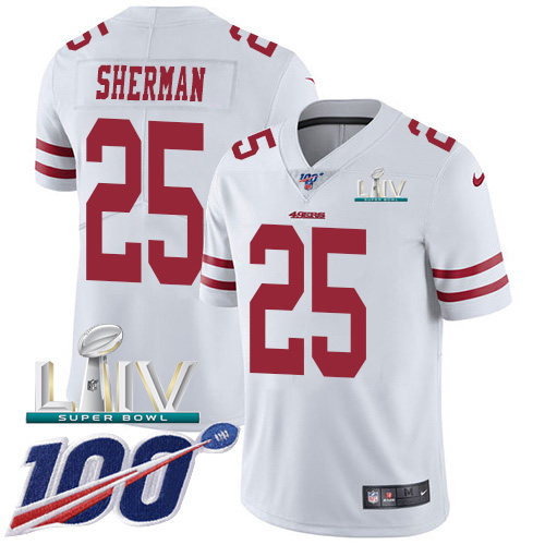San Francisco 49ers Nike #25 Richard Sherman White Super Bowl LIV 2020 Youth Stitched NFL 100th Season Vapor Limited Jersey